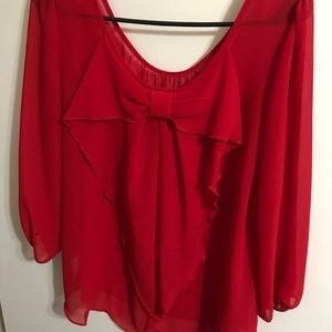 Boutique red sheer blouse bow back